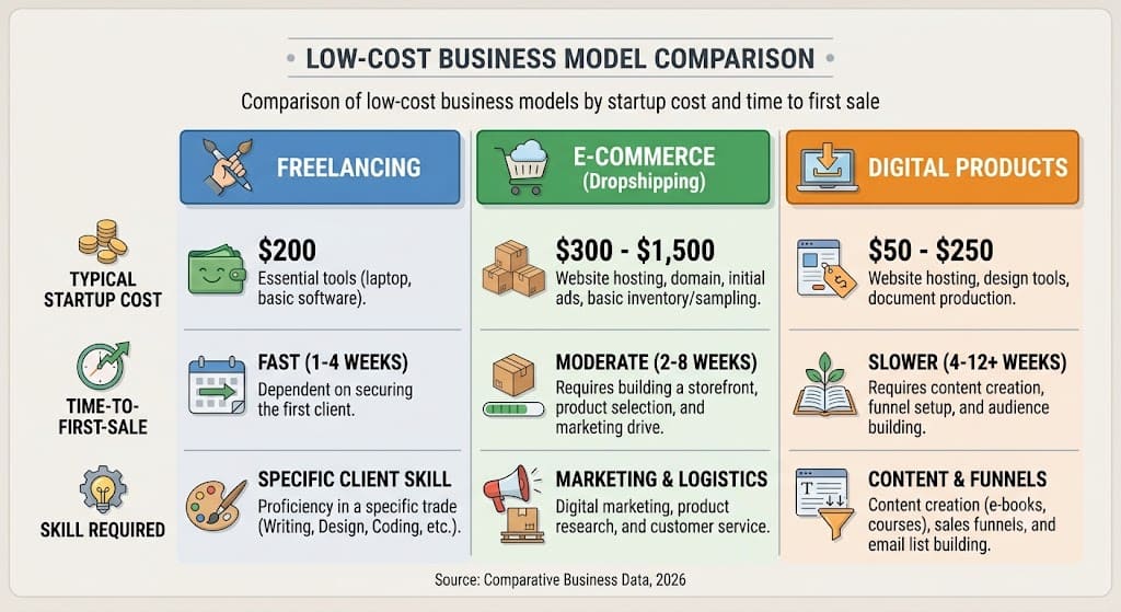 Infographic comparing freelancing, e-commerce, and digital products as low-cost business models, including estimated startup costs, time to first sale, and required skills for each option, helping beginners decide how to start a business with minimal investment.