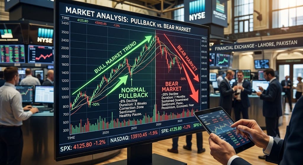 Financial chart comparing a market pullback and a bear market, illustrating price trends, correction percentages, and investor sentiment during different market phases.