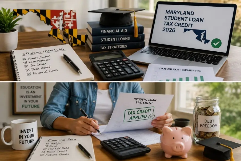 Maryland Student Loan Tax Credit guide showing financial planning, student loan documents, calculator, laptop, and tax credit approval