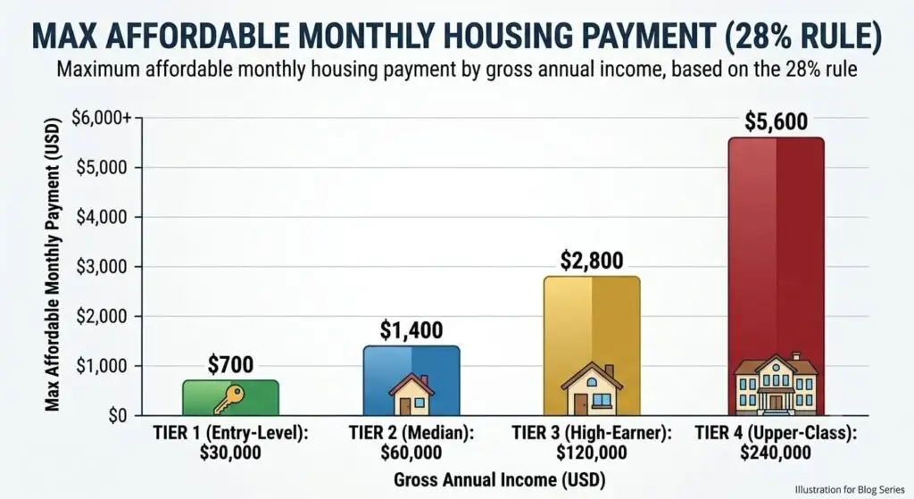 Bar chart showing the maximum affordable monthly housing payment based on the 28% mortgage rule for annual incomes of $30,000, $60,000, $120,000, and $240,000.
