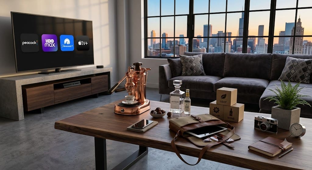 Modern living room featuring streaming services, coffee equipment, shopping items, and lifestyle products that represent common monthly discretionary expenses.