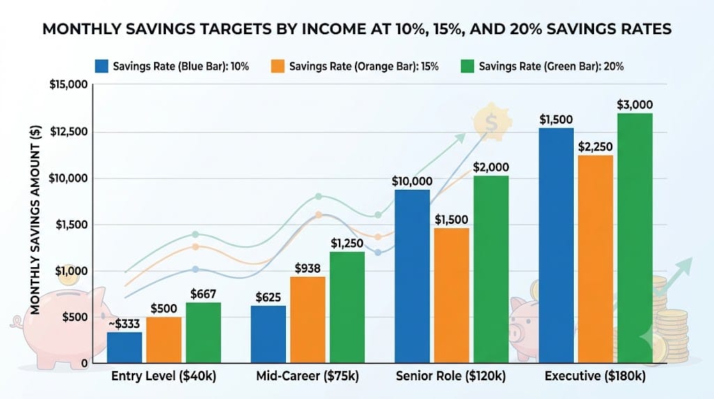 Bar chart comparing monthly savings targets by income level at 10%, 15%, and 20% savings rates for entry-level, mid-career, senior, and executive earners.