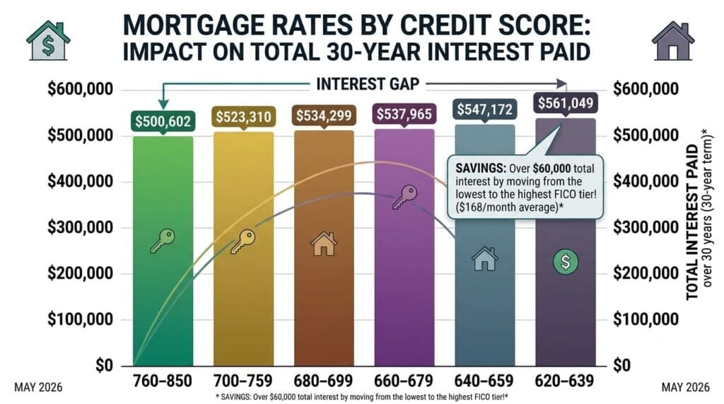 A bar chart illustrating the relationship between credit score ranges and total mortgage interest paid over a 30-year loan, helping borrowers understand the financial impact of improving their credit score