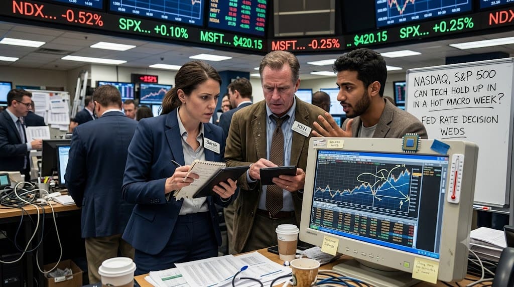 Traders watching Nasdaq and S&P 500 performance ahead of the Federal Reserve meeting and key economic events during a volatile macro week.