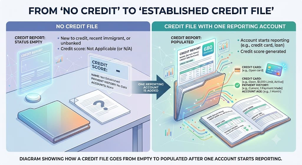 Illustration comparing a person with no credit history to an established credit file after opening and responsibly managing their first credit account.