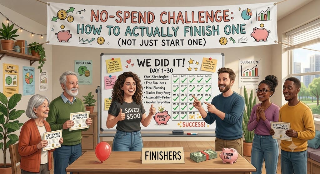 People celebrating the successful completion of a 30-day no-spend challenge with savings goals, budgeting progress, and financial milestones