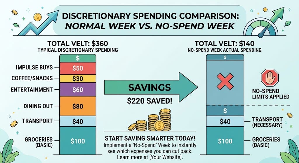 Infographic comparing normal discretionary spending with a no-spend week, showing potential savings by cutting non-essential expenses like dining out, entertainment, and impulse purchases.