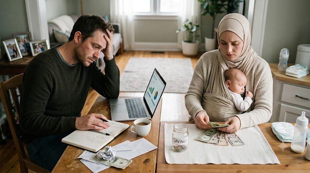 Couple reviewing household finances while caring for a baby and budgeting on one income after a job loss or parental leave.