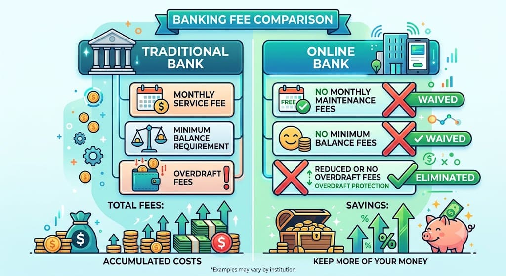 Infographic comparing online banks and traditional banks in 2026, highlighting monthly fees, minimum balance requirements, overdraft fees, and potential savings.