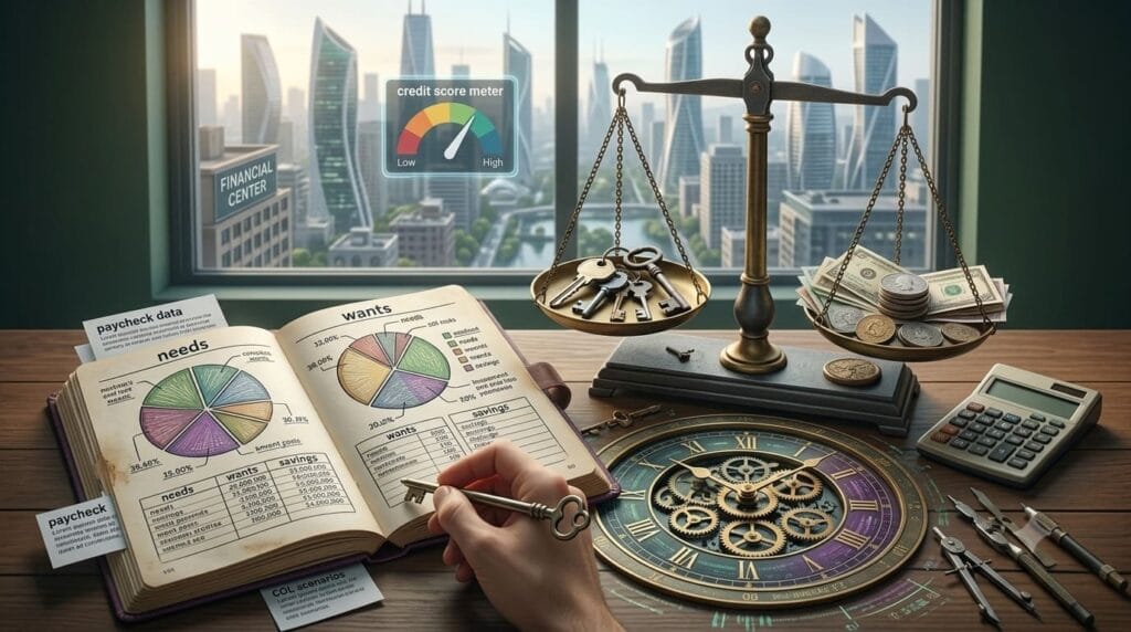 Person reviewing a personal budget planner with spending categories, savings charts, and financial planning tools.