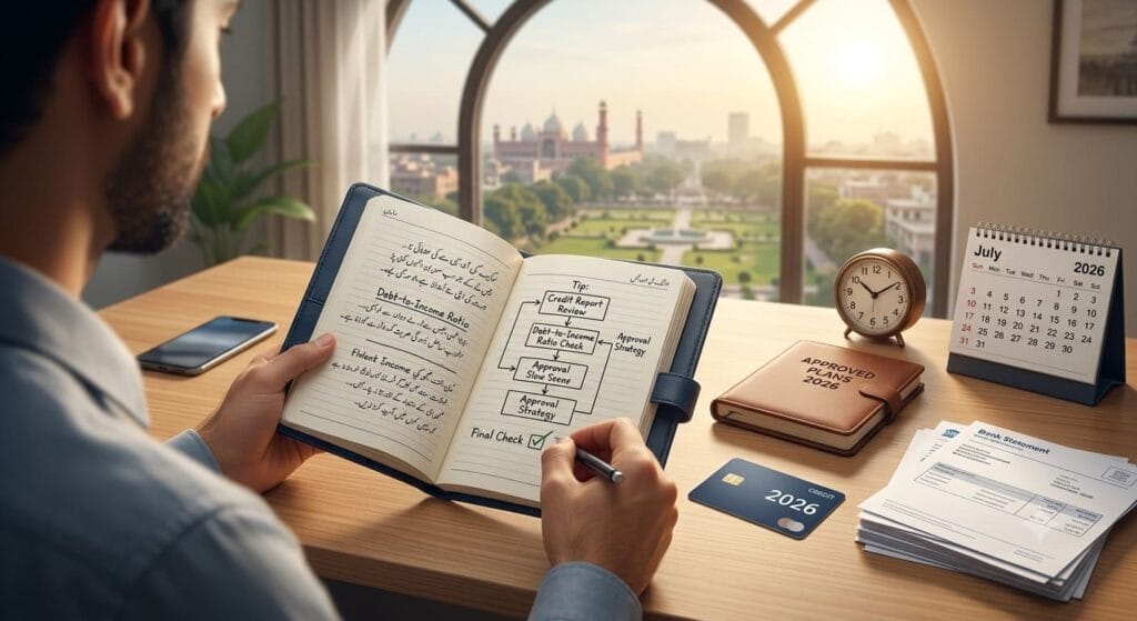 Person reviewing a personal loan approval checklist with credit score, debt-to-income ratio, and financial planning documents.