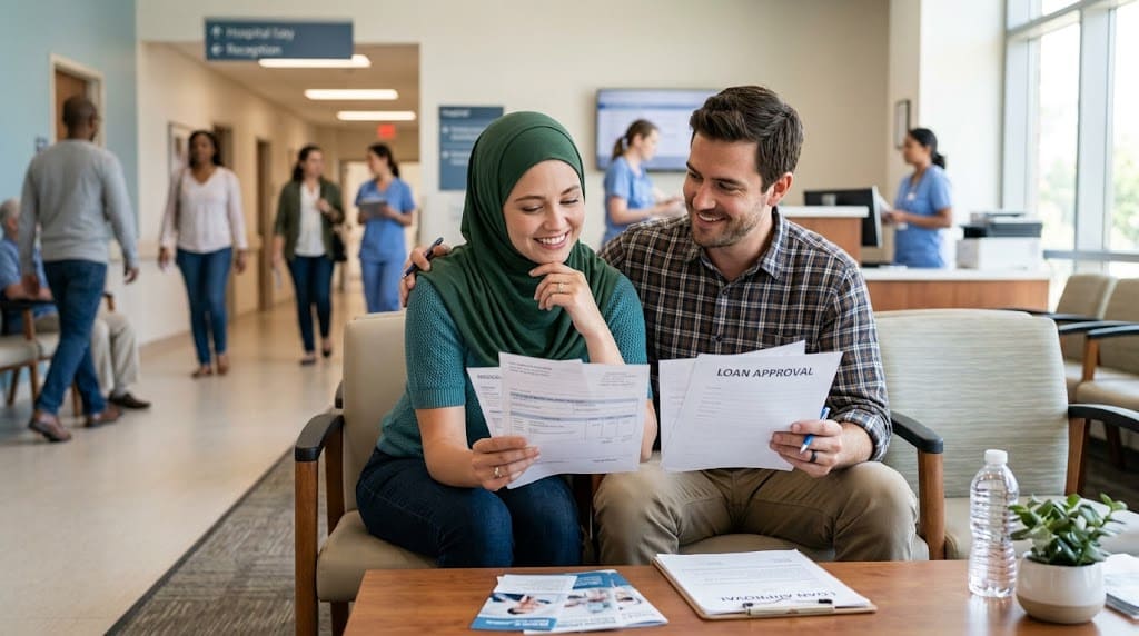 Couple reviewing paperwork for a personal loan to cover medical bills without a credit check in a healthcare facility.