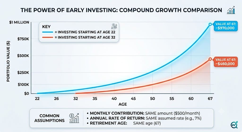 Line chart comparing compound investment growth for investors starting at age 22 and age 32, illustrating how early investing can lead to significantly higher retirement savings over time.