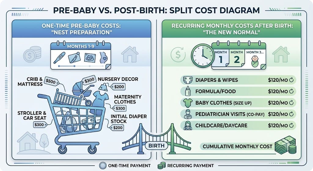 Infographic comparing one-time pre-baby expenses with recurring monthly baby costs after birth, including nursery items, diapers, childcare, and healthcare.