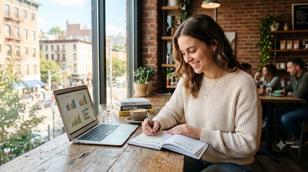 Young woman planning for retirement in her 20s while reviewing investment charts and financial goals on a laptop, illustrating early retirement planning and long-term wealth building.