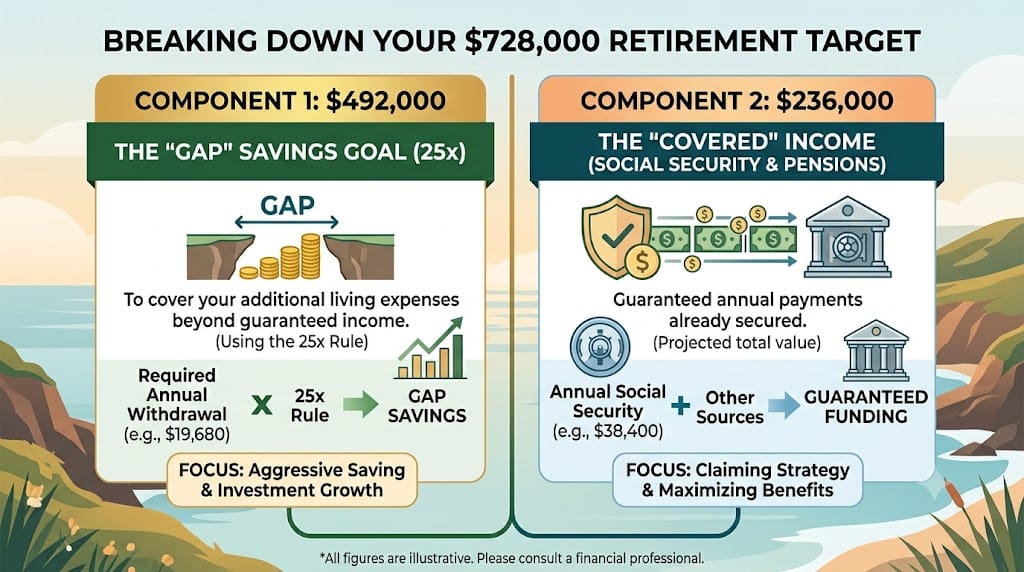 Infographic explaining a retirement savings target using the 25x retirement rule, Social Security benefits, pensions, and guaranteed retirement income.