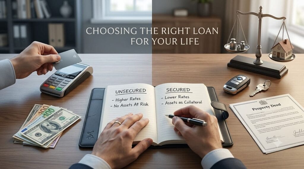 Illustration comparing secured and unsecured loans with examples of collateral, interest rates, and repayment considerations.