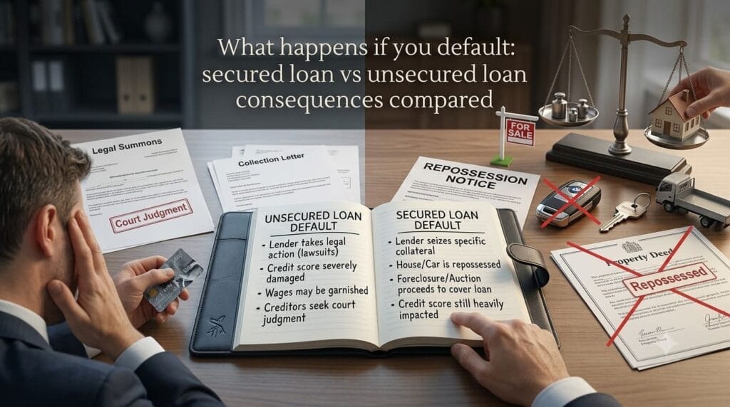 Illustration comparing the consequences of defaulting on secured and unsecured loans.