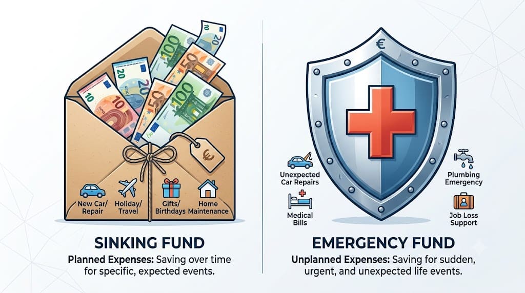 Illustration comparing a sinking fund for planned expenses such as travel, gifts, and home maintenance with an emergency fund for unexpected costs including medical bills, job loss, and emergency repairs.