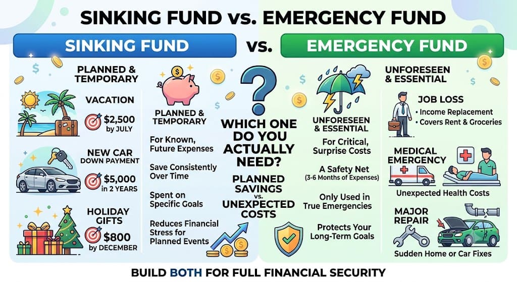 Infographic comparing a sinking fund and an emergency fund, highlighting planned savings for future expenses versus savings for unexpected emergencies such as job loss, medical bills, and major repairs.