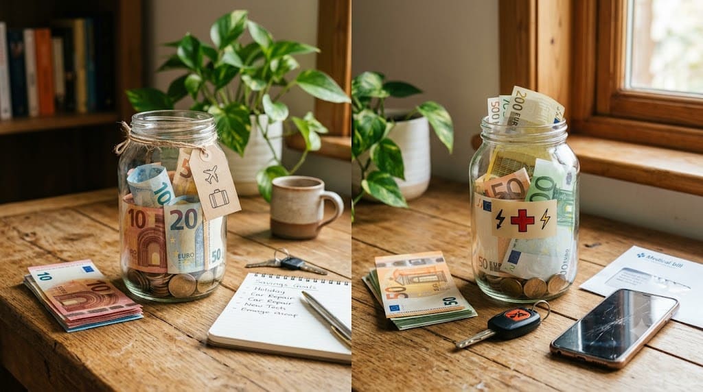 Two labeled savings jars on a wooden table representing a sinking fund for planned expenses and an emergency fund for unexpected financial emergencies, alongside cash, a notebook, and household items.