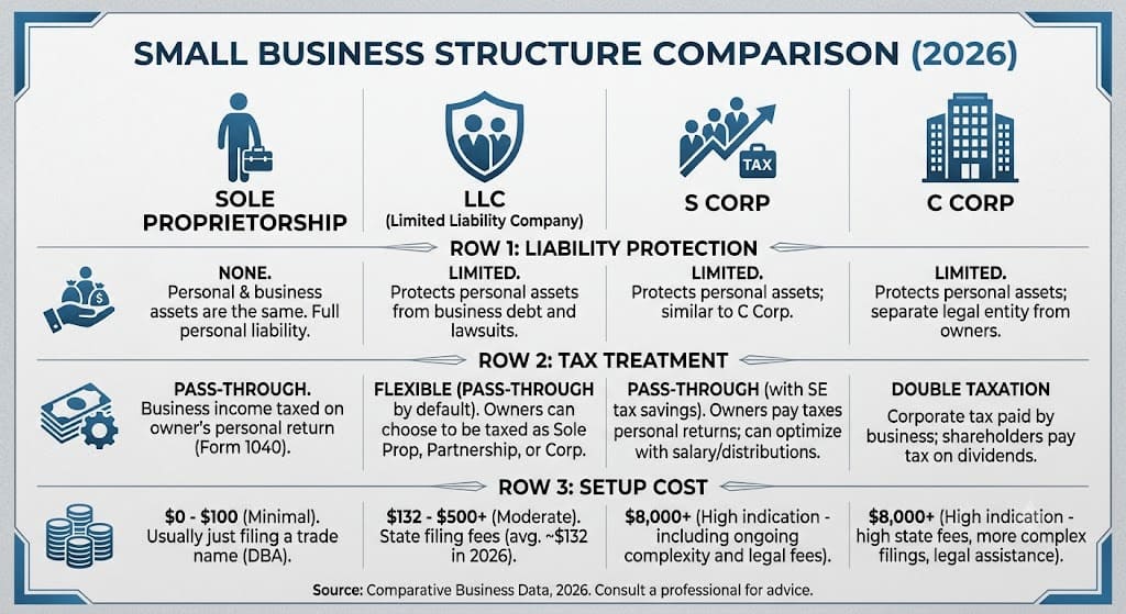 Comparison chart of small business structures showing sole proprietorship, LLC, S corporation, and C corporation differences in liability protection, tax treatment, and startup costs for 2026.