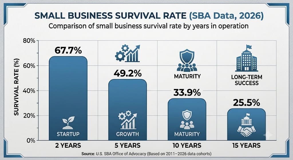 Bar chart showing small business survival rates at 2, 5, 10, and 15 years with survival percentages of 67.7%, 49.2%, 33.9%, and 25.5%, based on SBA Office of Advocacy data.