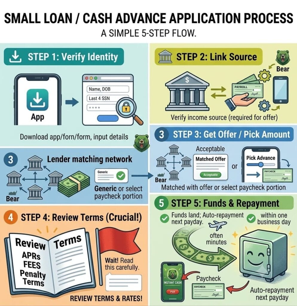 Step-by-step infographic showing the cash advance application process from identity verification to loan repayment.