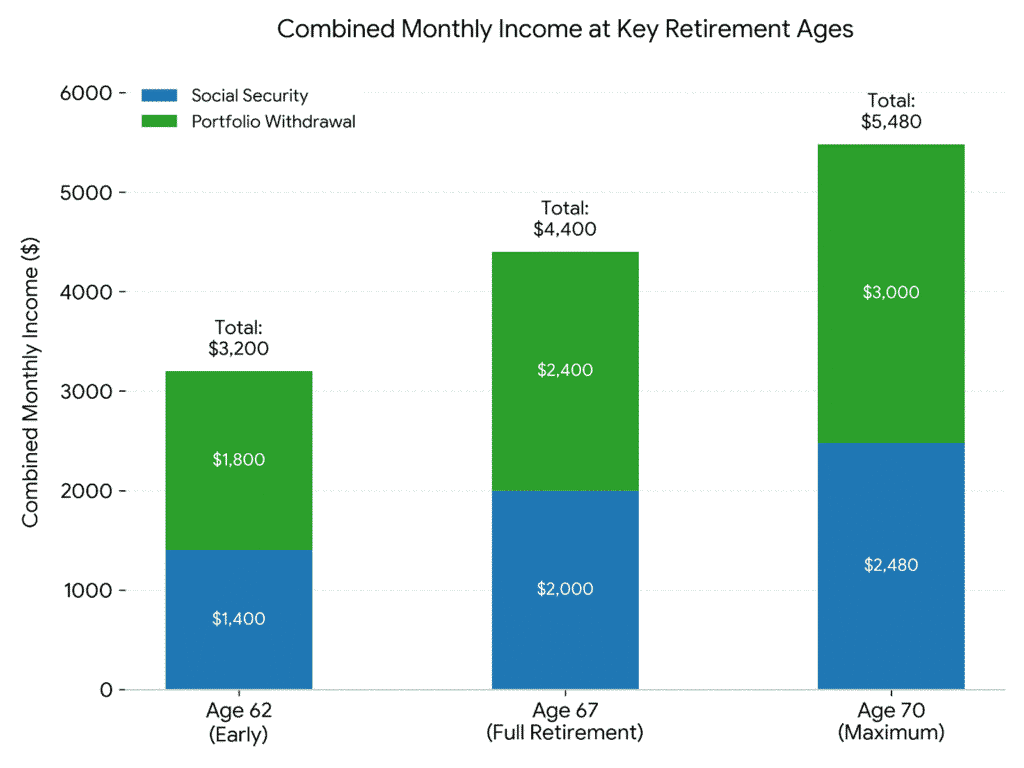 Stacked bar chart comparing monthly retirement income from Social Security and portfolio withdrawals at ages 62, 67, and 70, illustrating higher income from delaying retirement benefits.