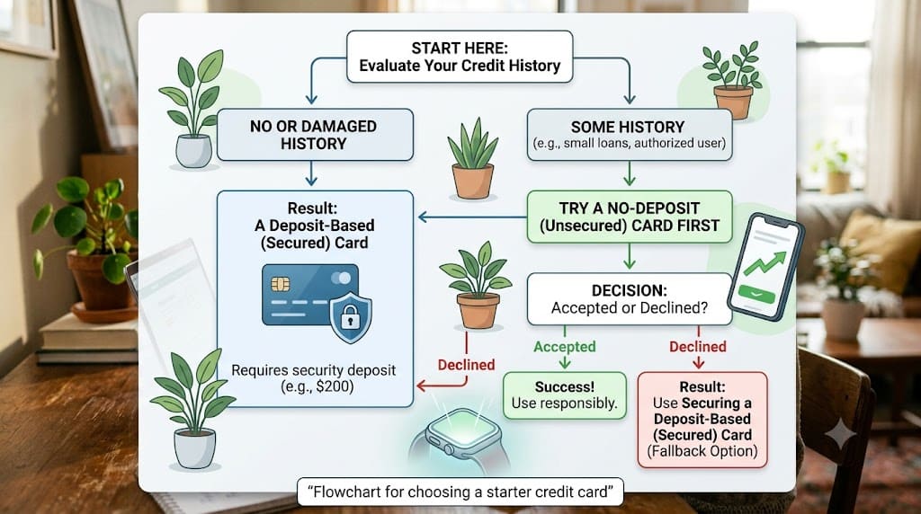 Flowchart showing how to choose between a secured and unsecured starter credit card based on credit history.