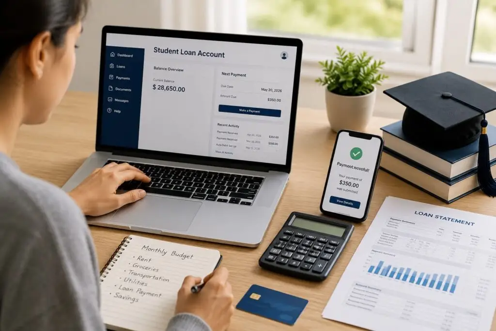 Student reviewing a student loan account dashboard on a laptop while tracking monthly budget and making an online loan payment.
