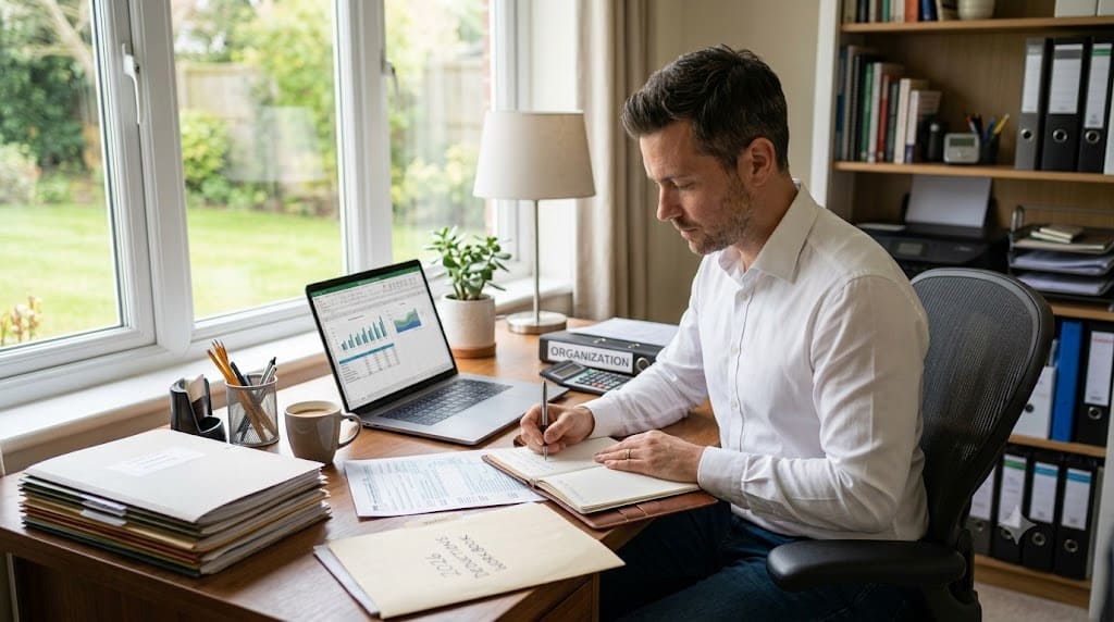 Self-employed worker reviewing business expenses, tax documents, and financial records at a home office desk while preparing to claim eligible 2026 tax deductions, including home office, equipment, mileage, and business expenses.