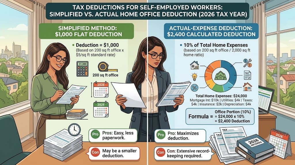 Infographic comparing simplified and actual home office tax deductions for self-employed workers in 2026, showing a $1,000 flat deduction versus a $2,400 actual-expense deduction based on a 200 sq ft office in a 2,000 sq ft home.