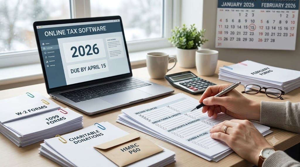 Person reviewing tax documents, W-2 and 1099 forms, deductions, and online tax software as part of a 2026 tax planning checklist before filing a tax return.