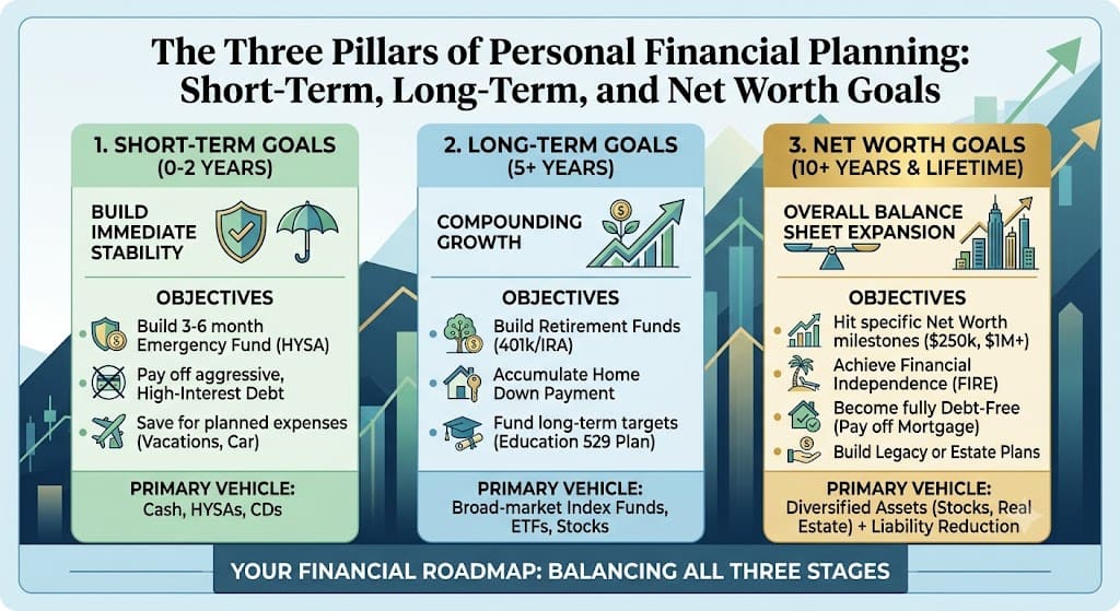 Infographic illustrating the three pillars of personal financial planning: short-term goals, long-term goals, and net worth goals with key financial objectives for each stage.