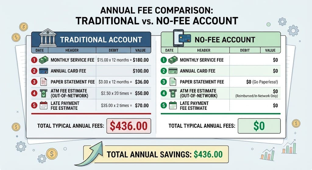 Infographic comparing annual banking fees for traditional and no-fee bank accounts in 2026, showing potential yearly savings by avoiding maintenance, ATM, and overdraft fees.