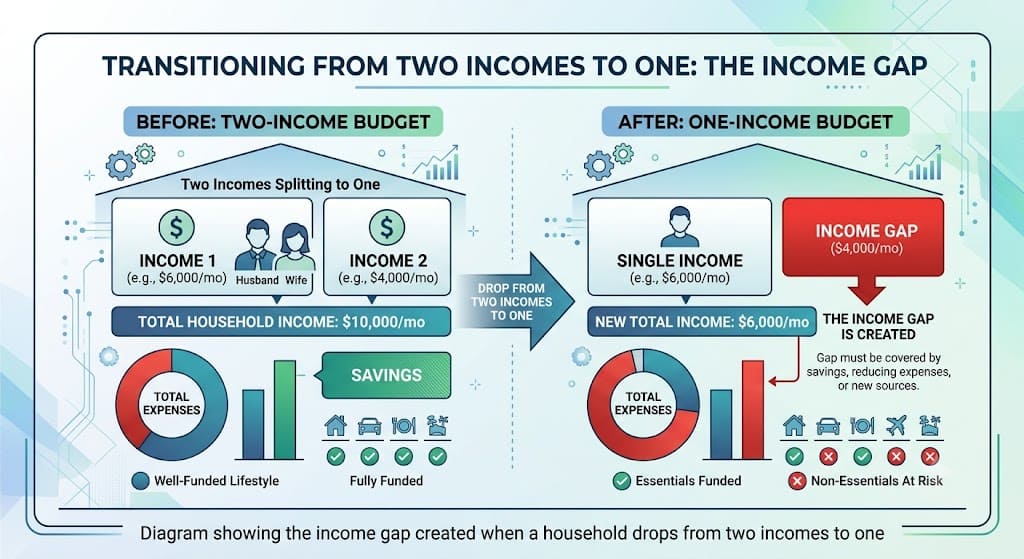 Infographic showing the financial impact of transitioning from a two-income household to a one-income budget, highlighting the income gap and expense adjustments.