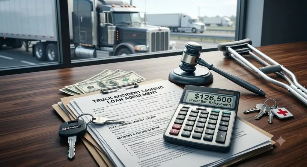 Truck accident lawsuit loan calculator with legal settlement documents, calculator, gavel, semi-truck, and medical crutches