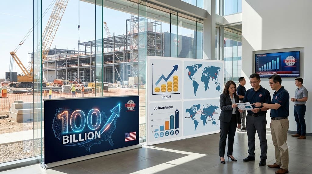 TSMC executives reviewing U.S. investment plans as construction continues at a semiconductor manufacturing facility, highlighting the company's additional $100 billion investment after record Q2 2026 profits.