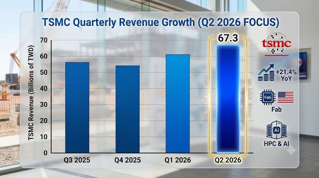 Bar chart showing TSMC's quarterly revenue growth from Q3 2025 to Q2 2026, highlighting record Q2 2026 revenue of 67.3 billion TWD alongside the company's $100 billion U.S. investment plans.