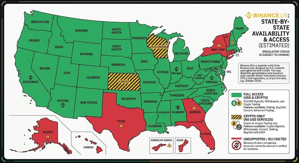 Map of the United States showing state-by-state cryptocurrency exchange availability, highlighting regions with full access, crypto-only access, and restricted cryptocurrency services.
