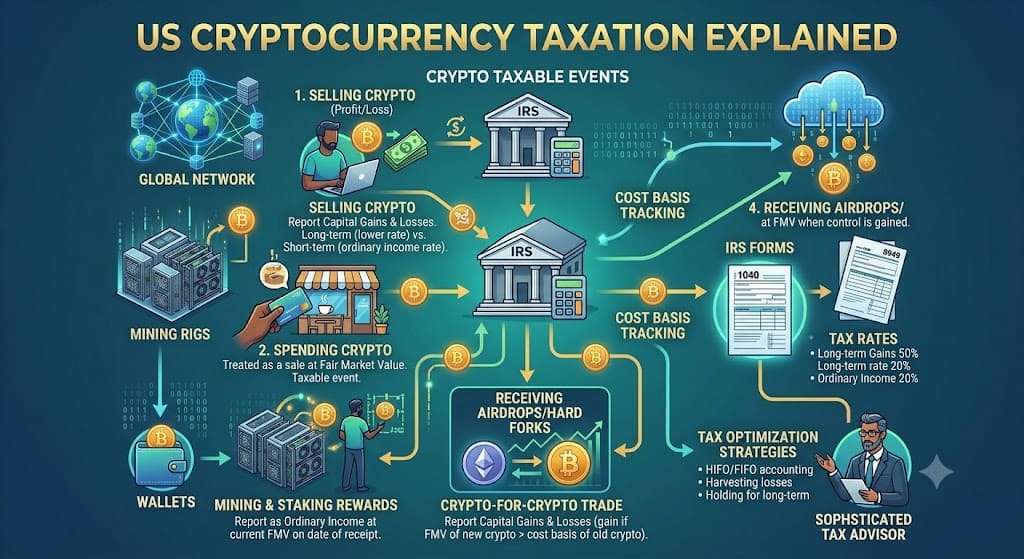 Infographic explaining US cryptocurrency taxation, including taxable events, capital gains, staking rewards, mining income, airdrops, crypto trades, cost basis tracking, and IRS reporting requirements.