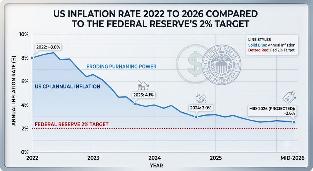 Line chart showing U.S. inflation rates from 2022 to 2026 compared with the Federal Reserve's 2% target, highlighting the decline from approximately 8% in 2022 to around 2.6% in mid-2026 and the impact on purchasing power.