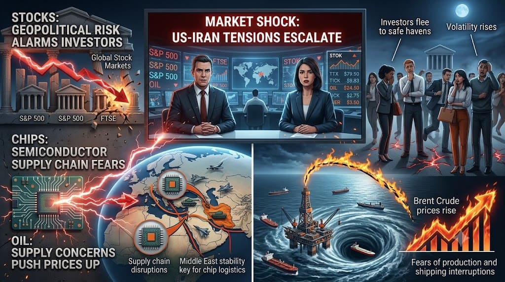 Market shock from US-Iran tensions showing falling stock markets, semiconductor supply chain disruptions, rising Brent crude oil prices, and increased investor uncertainty.