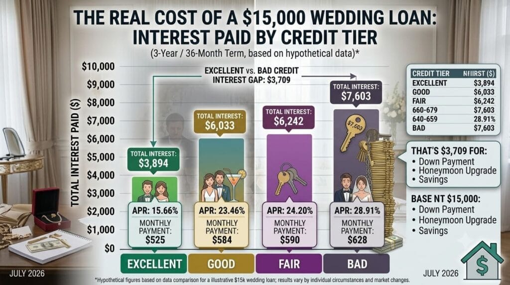 Bar chart comparing total interest paid on a wedding loan across different credit score tiers.