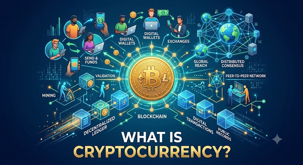 Infographic explaining cryptocurrency, blockchain technology, digital wallets, peer-to-peer transactions, mining, exchanges, and decentralized networks with a Bitcoin illustration at the center.