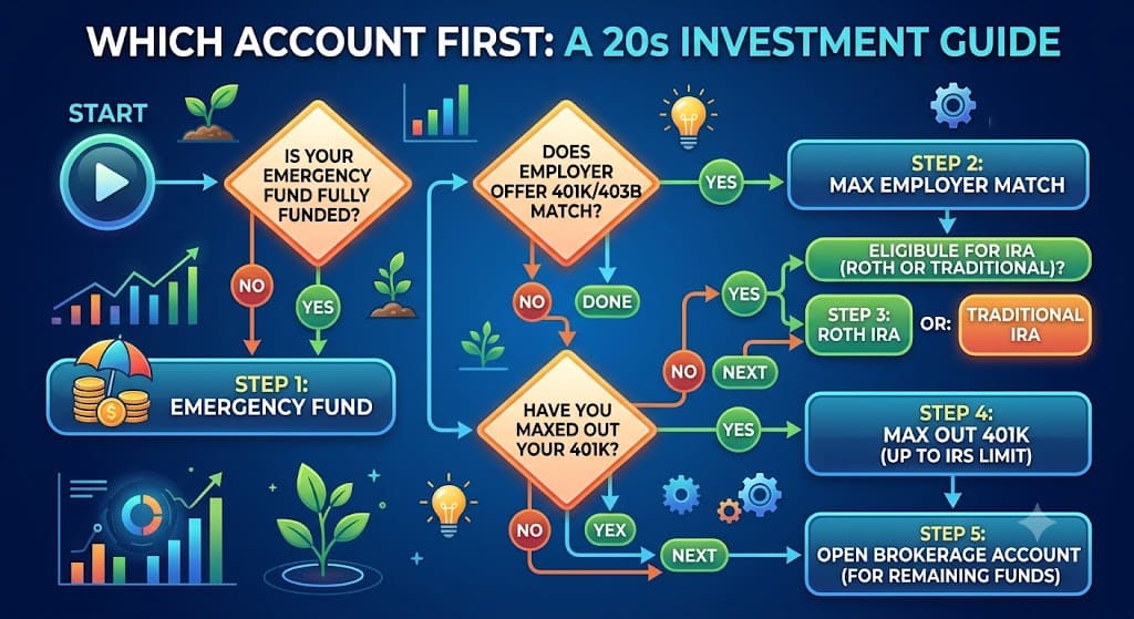 Flowchart illustrating which investment account to open first in your 20s, including an emergency fund, 401(k) employer match, Roth IRA or Traditional IRA, and brokerage account investment strategy.