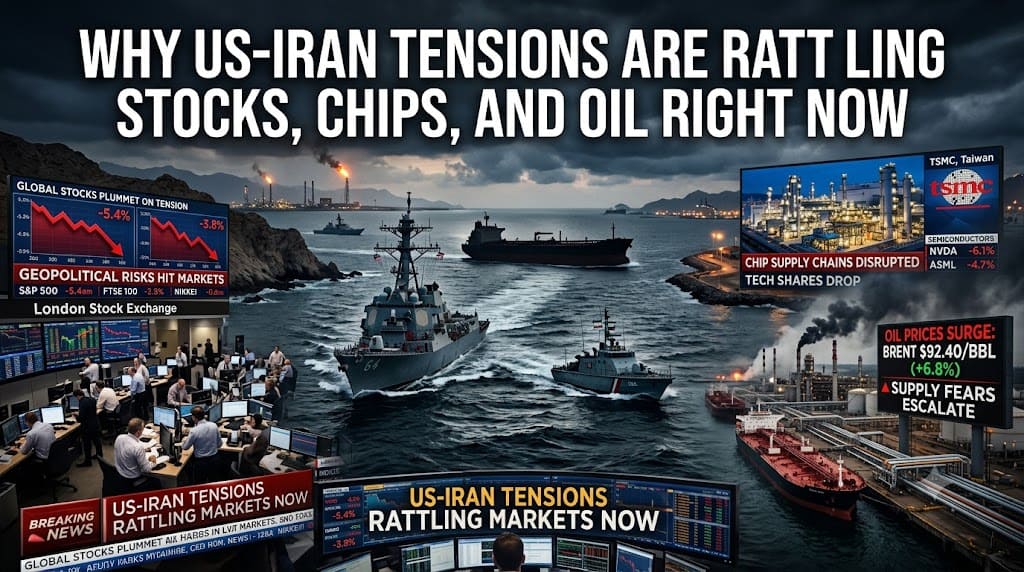 Illustration showing how US-Iran tensions impact global stock markets, semiconductor supply chains, and oil prices amid rising geopolitical risks.