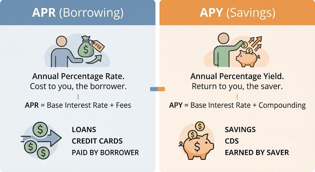 Infographic comparing APR and APY, explaining that APR is the cost of borrowing for loans and credit cards, while APY is the return earned on savings through compound interest.