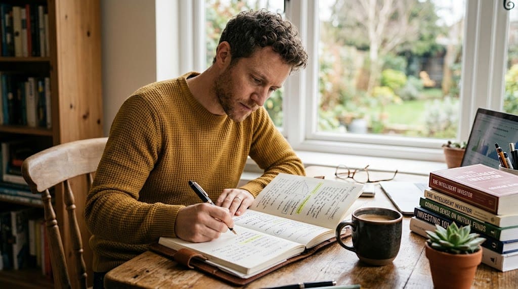 Person studying investing books and taking notes while learning common investing terms and financial concepts for beginners.